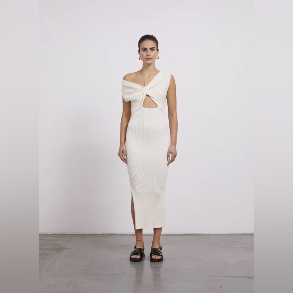 Anna Quan Zanita Wheat Ribbed Knit Twist Cut-Out Midi Dress - Picture 6 of 14